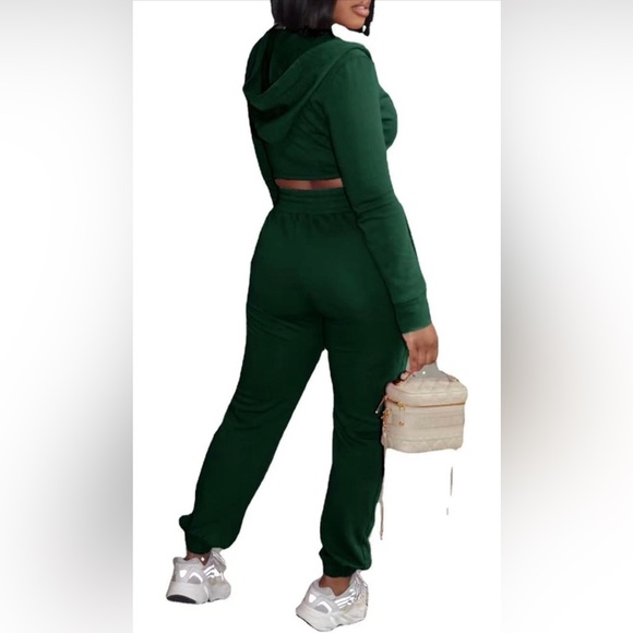 Womens Two Piece Outfits Tracksuit Green Size Small Sweatsuit Cropped Zip Up - Picture 2 of 8
